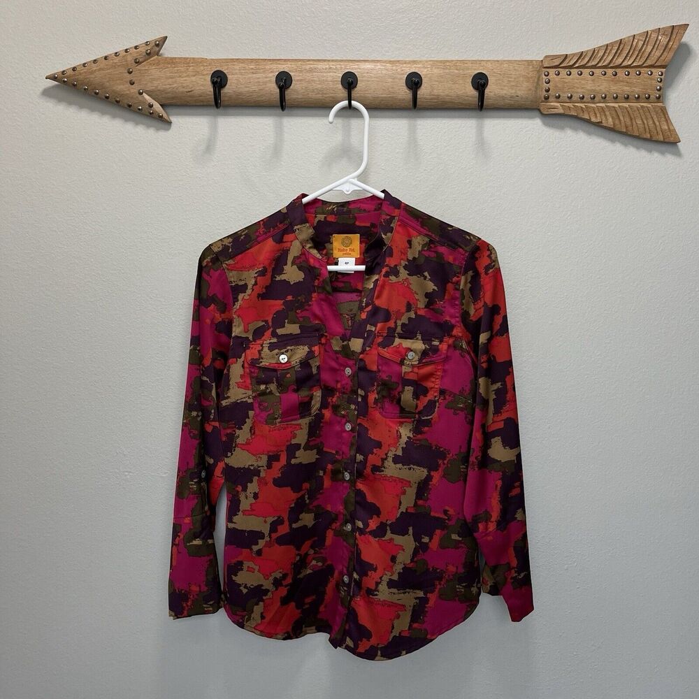 Ruby Rd | Petite Pink Purple Graphic Print Roll Tab Sleeve Button V Neck Top 4P